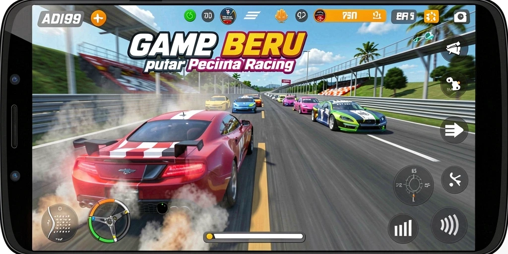 Screenshot utama ADI99 yang menunjukkan balapan seru dengan mobil cepat.