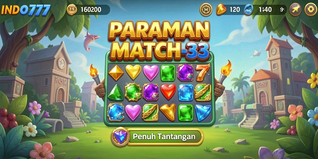 Tampilan gameplay Match-3 INDO777 yang penuh warna.