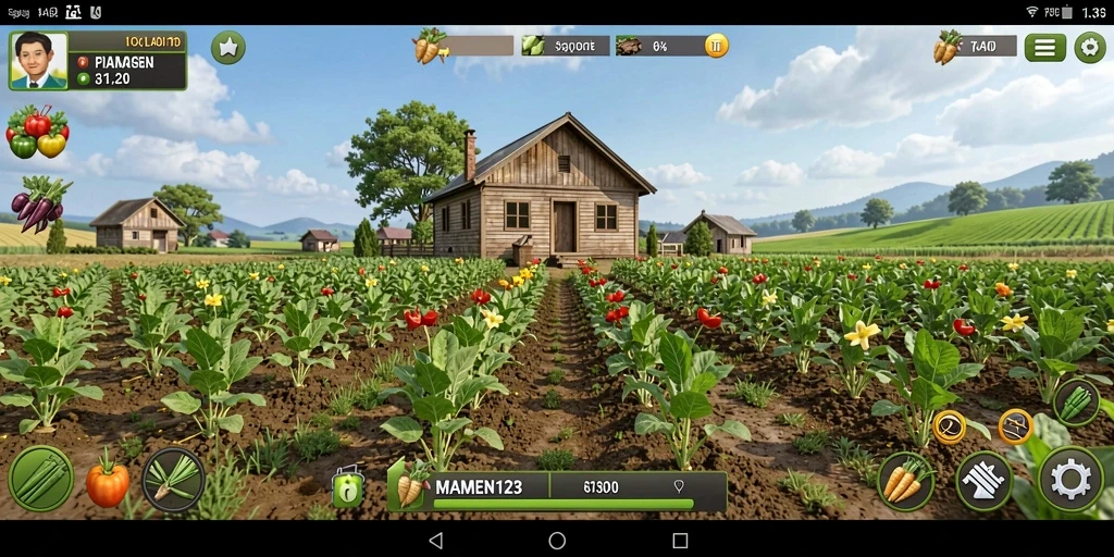 Tampilan gameplay menarik MAMEN123 dengan suasana pertanian yang cerah.