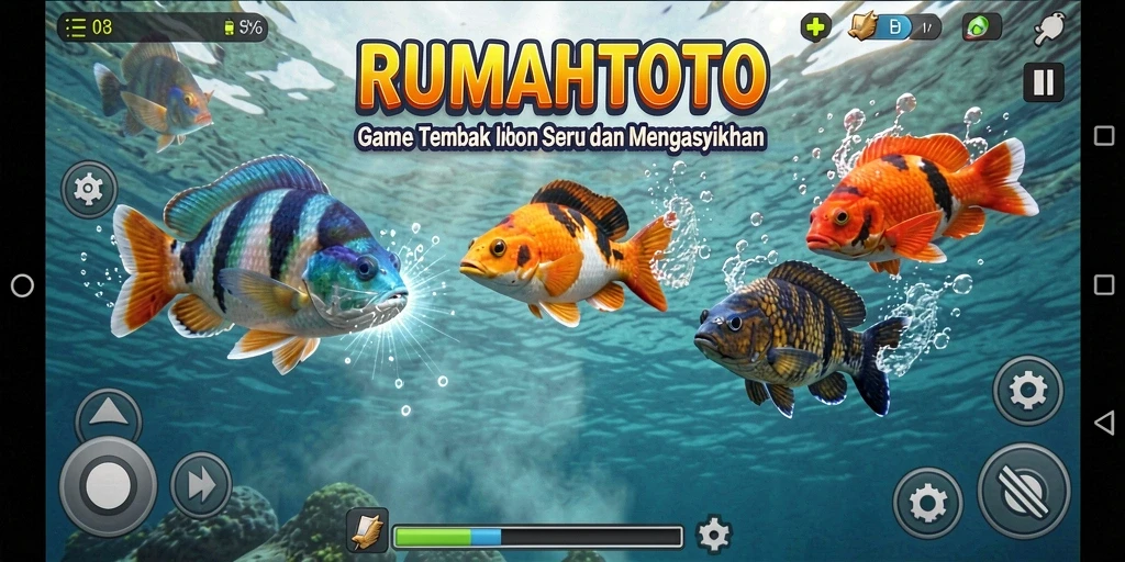 Tangkapan layar utama RUMAHTOTO menunjukkan aksi menembak ikan yang seru.