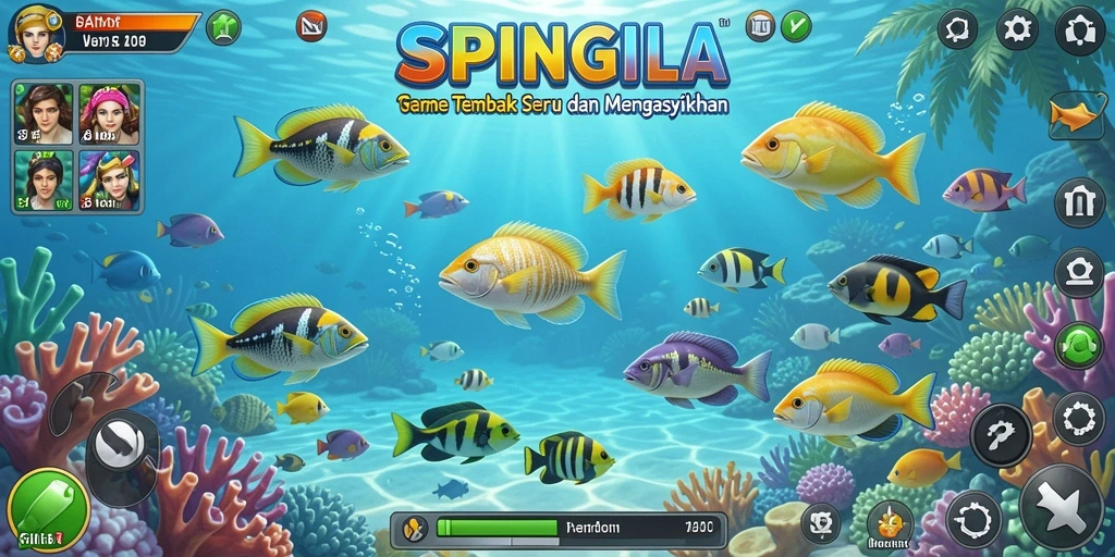 Screenshot utama game SPINGILA menampilkan aksi menembak ikan yang seru.